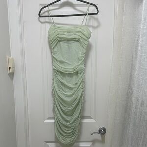 Babaton Light Green Ruched Midi Dress
